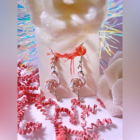 Silver Crystal flamingo dangle and drop earrings, pretty, summer, tropical, - Picture 7 of 10